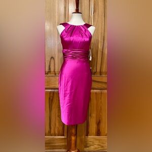 NWT Adrianna Papell - Fuschia Satin Bodycon Halter Dress, Pleated/Ruched EUC 6